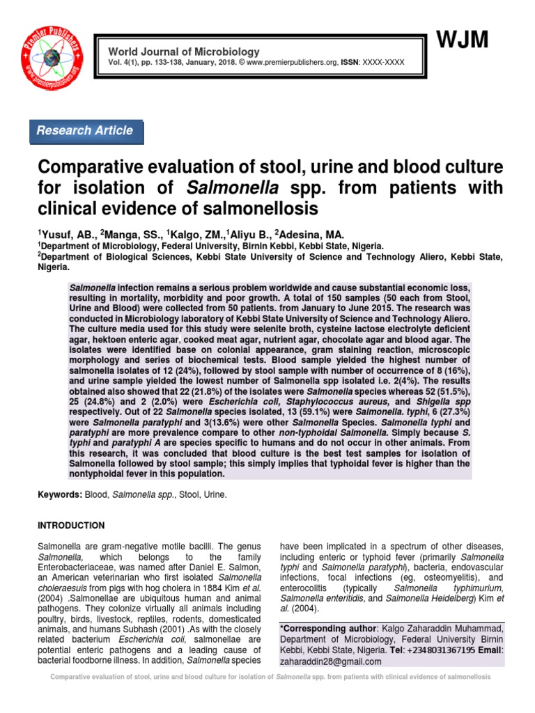 Comparative evaluation of stool, urine and blood culture for isolation of Salmonella spp. from