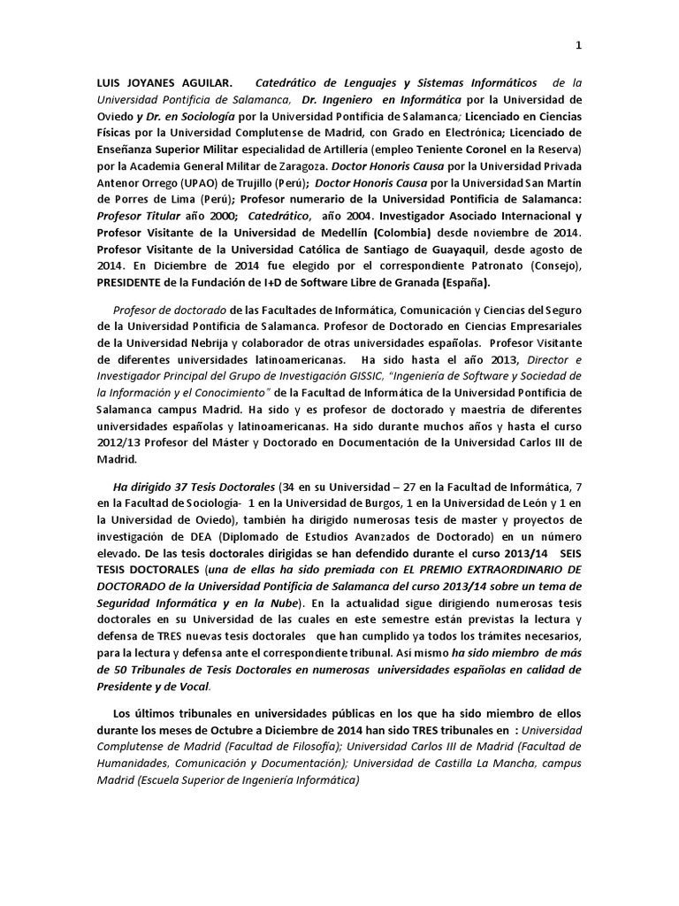 Hoja de Vida Luis Joyanes Aguilar PDF PDF Universidad Ciencias de