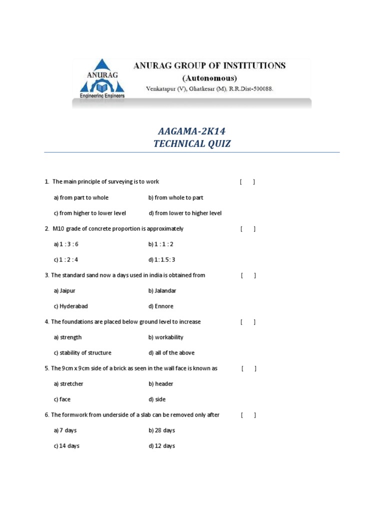 Technical Quiz on Civil Engineering Concepts | PDF | Soil Mechanics ...