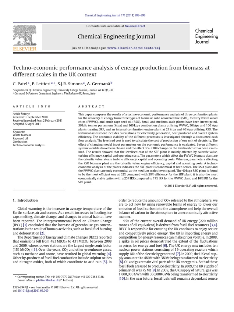Techno-Economic Performance Analysis of Energy Production From Biomass ...
