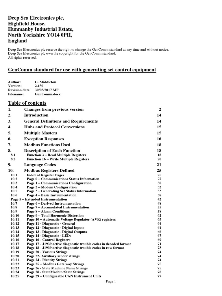 Deep Sea Modbus Gencomm 2017 Pdf Programmable Logic Controller