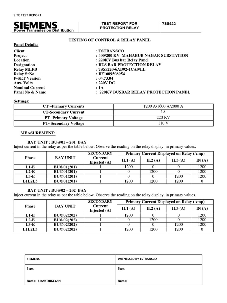 Siemens 7SS522 Relay Test Report | PDF | Electric Power Transmission ...