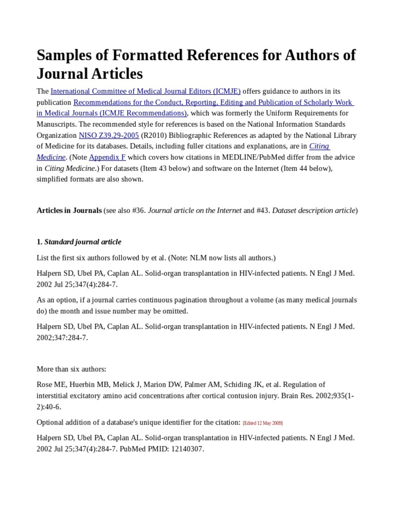 Samples of Formatted References For Authors of Medical Journal Articles ...