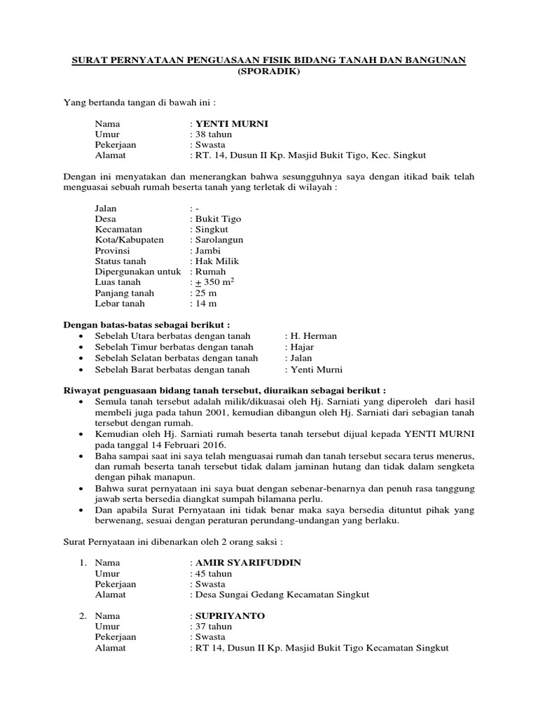 Surat Pernyataan Penguasaan Fisik Bidang Tanah Dan Bangunan