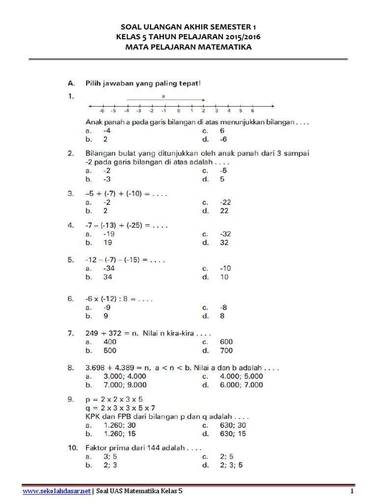 Soal UAS Matematika Kelas 5 Semester 1.pdf
