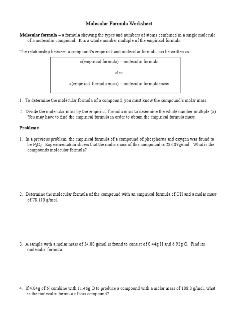 Molecular Formula Practice  PDF  Molecules  Mole (Unit) With Regard To Empirical And Molecular Formulas Worksheet