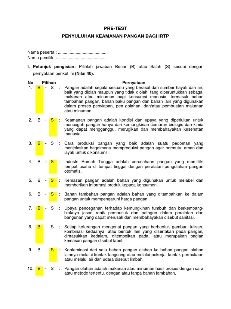 Contoh Soal Pilihan Ganda Dan Kunci Jawaban Bahan Tambahan Pangan