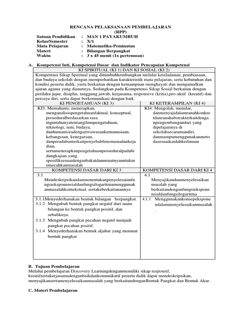 Rpp Kelas X Matematika Peminatan Pdf