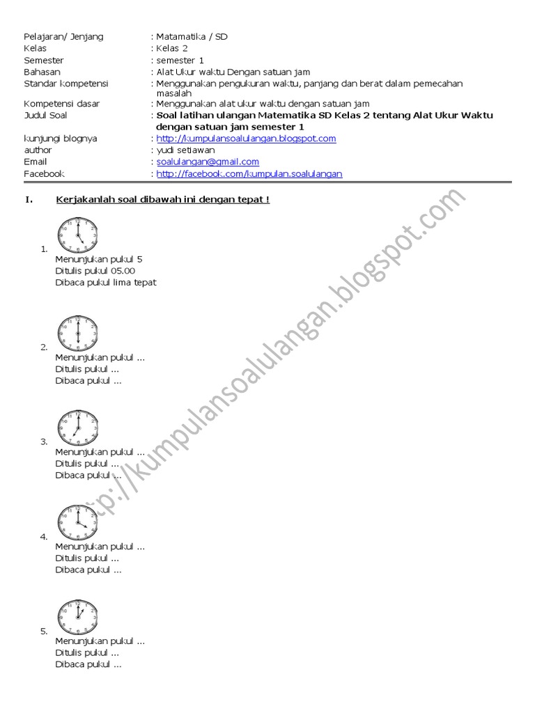Soal Latihan Matematika Sd Kelas 2 Tentang Jam Pdf