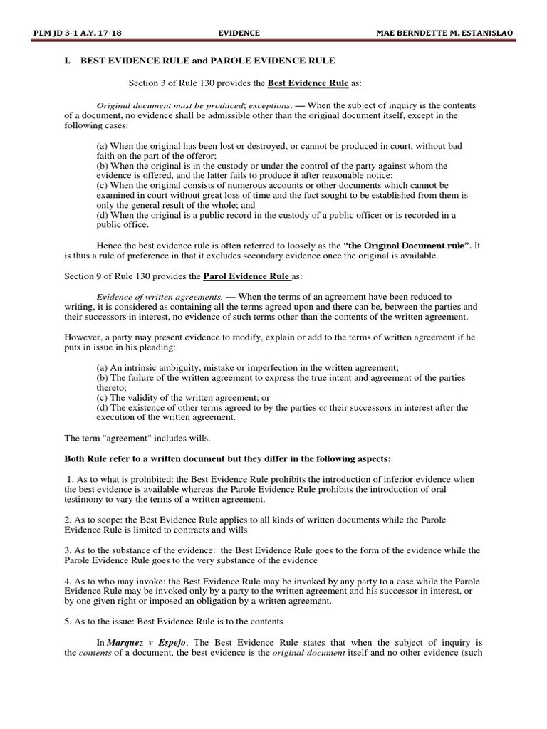 Best and Parol Evidence Rules Explained | PDF | Parol Evidence Rule ...