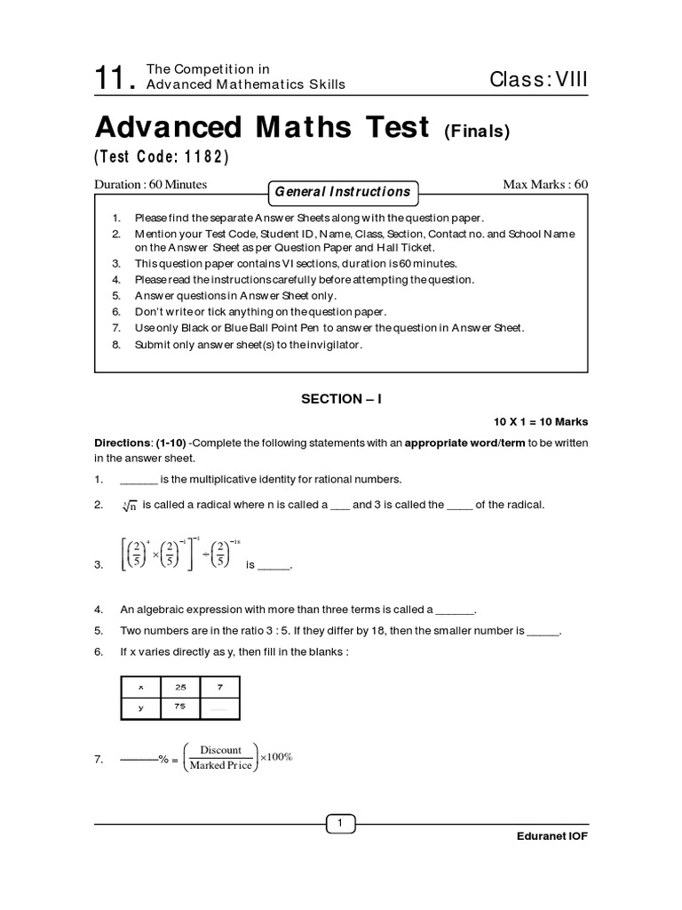 Advanced Maths Test Class VIII