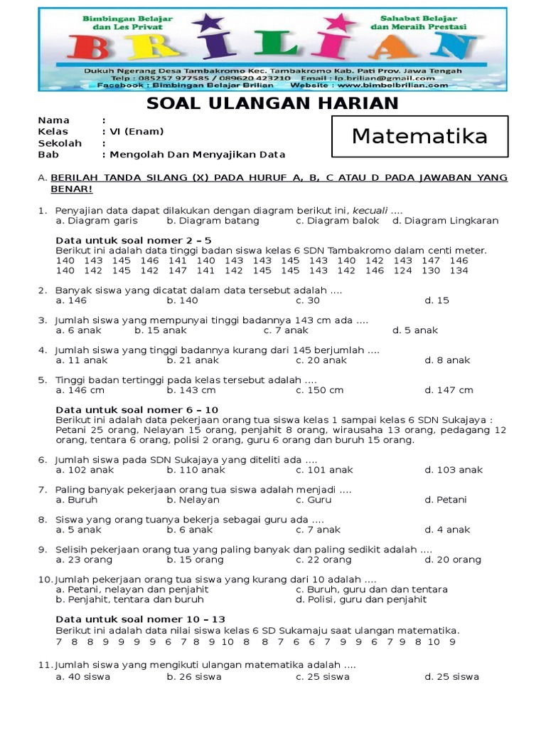 Soal Matematika Kelas 6 Sd Bab 4 Pengolahan Dan Penyajian Data Dan Kunci Jawaban