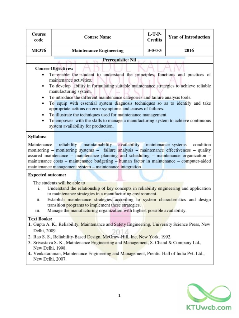 Maintenance Engineering Course Overview | PDF | Reliability Engineering ...