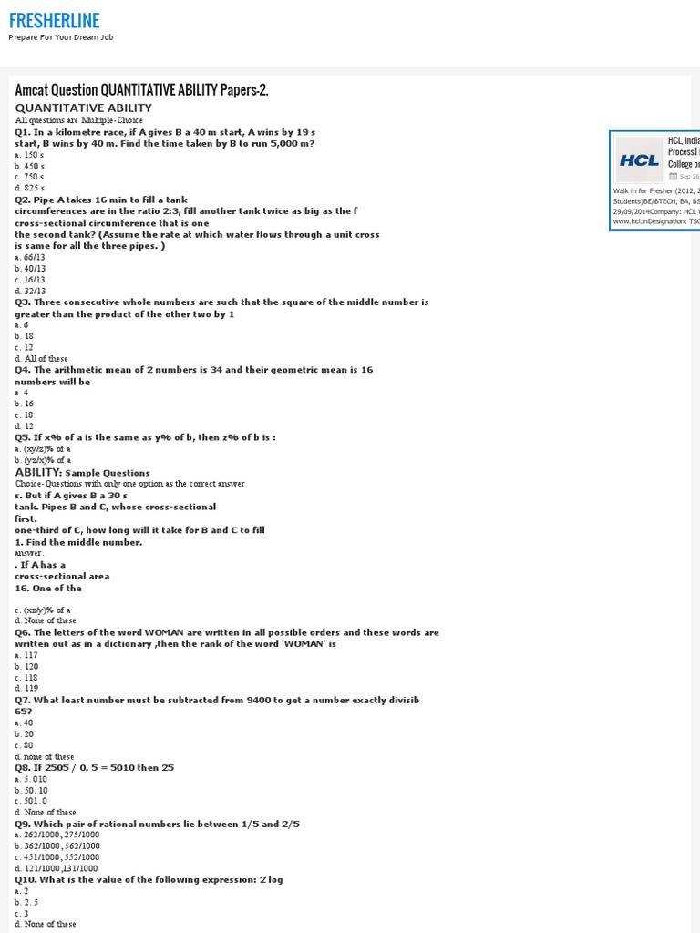 AMCAT Quantitative Ability Sample Questions | PDF | Mathematical ...