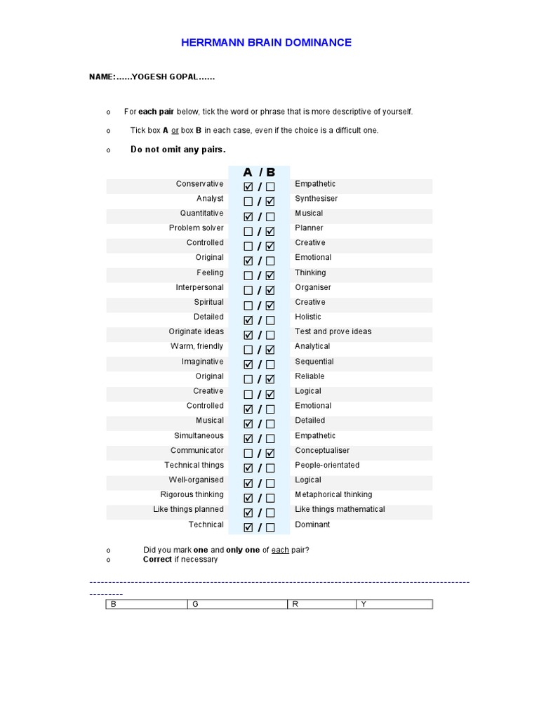 Herrmann Brain Dominance: Do Not Omit Any Pairs | PDF | Psychological ...