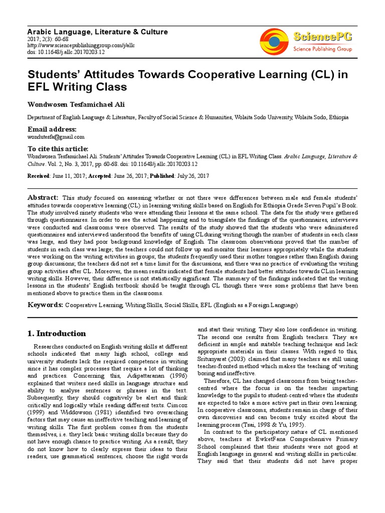 Students' Attitudes on Cooperative Learning in EFL Writing | PDF ...
