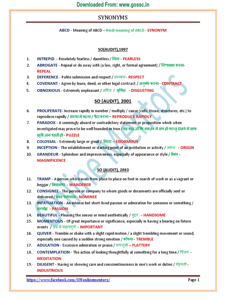 SSC Previous Years Synonyms Till 2017 (WWW Gossc.in) PDF