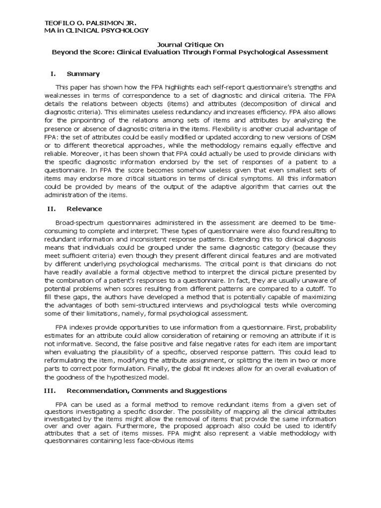Teofilo O. Palsimon Jr. Ma in Clinical Psychology Journal Critique On