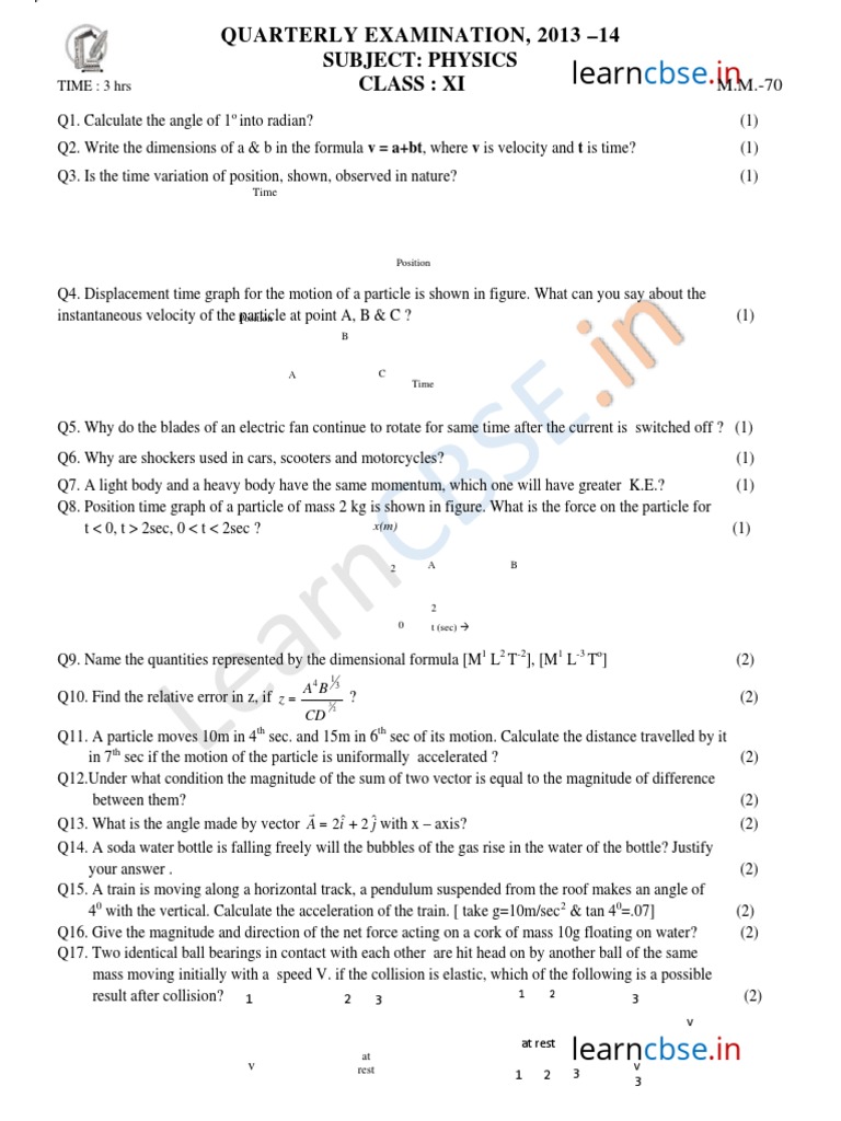 Class 11 Physics Quarterly Exam Paper | PDF | Force | Orbit