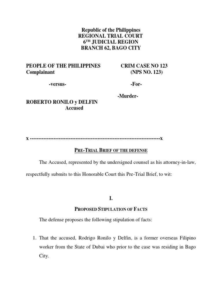Pre-Trial Brief for Murder Case Defense | PDF | Witness | Crime & Violence