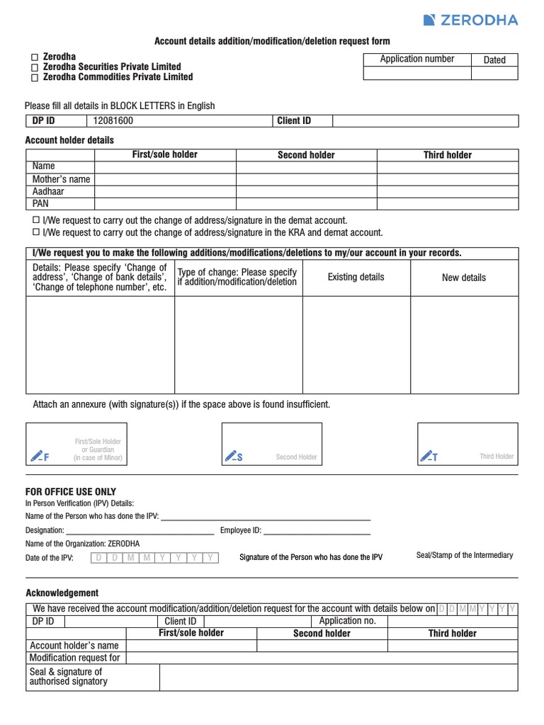 Zerodha Account Modification Request Form | PDF