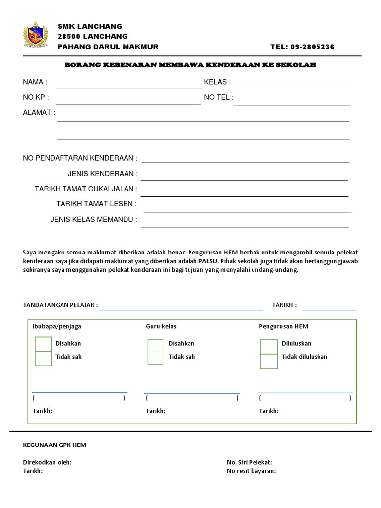 Borang Kebenaran Bawa Kenderaan | PDF