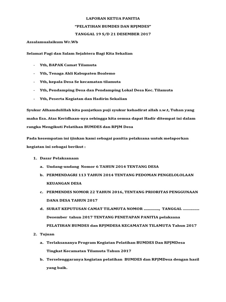 Contoh Laporan Ketua Panitia Bimtek Soal Menarik