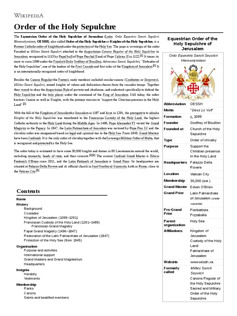 Order of The Holy Sepulchre | PDF | Pope | Roman Catholic