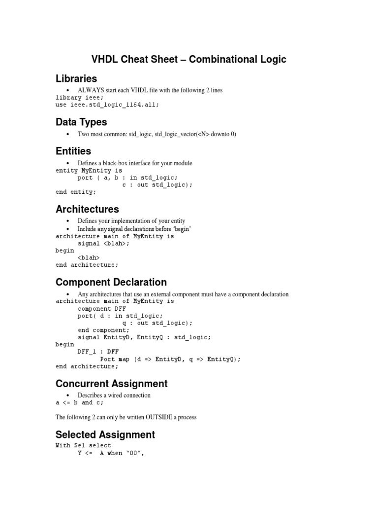 VHDL Combinational Logic Cheat Sheet | PDF | Technology & Engineering