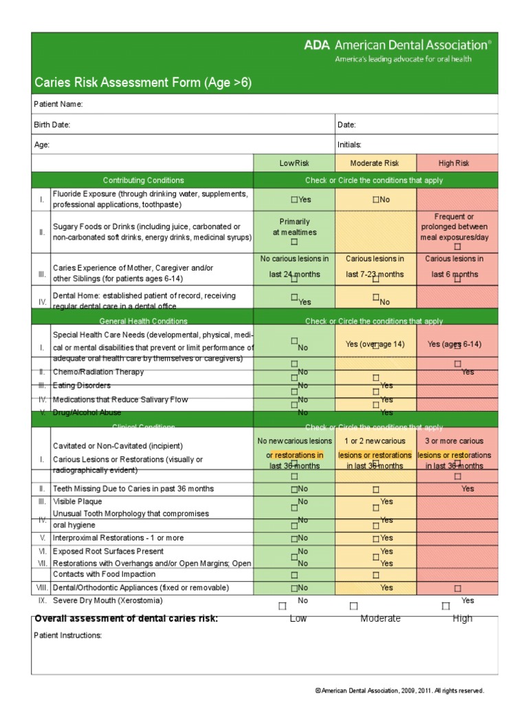 Caries Risk Assessment Form (Age 6) : Contributing Conditions Check or ...