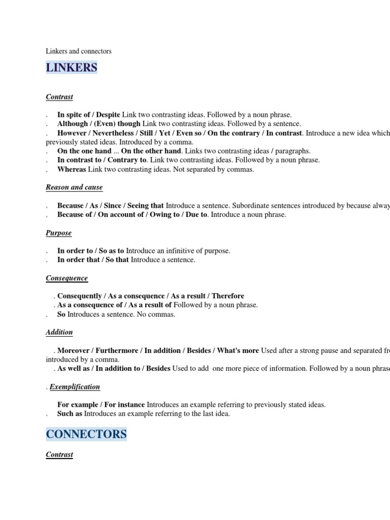 Formal Linkers And Connectors , Connectors in English: An easy guide to ...