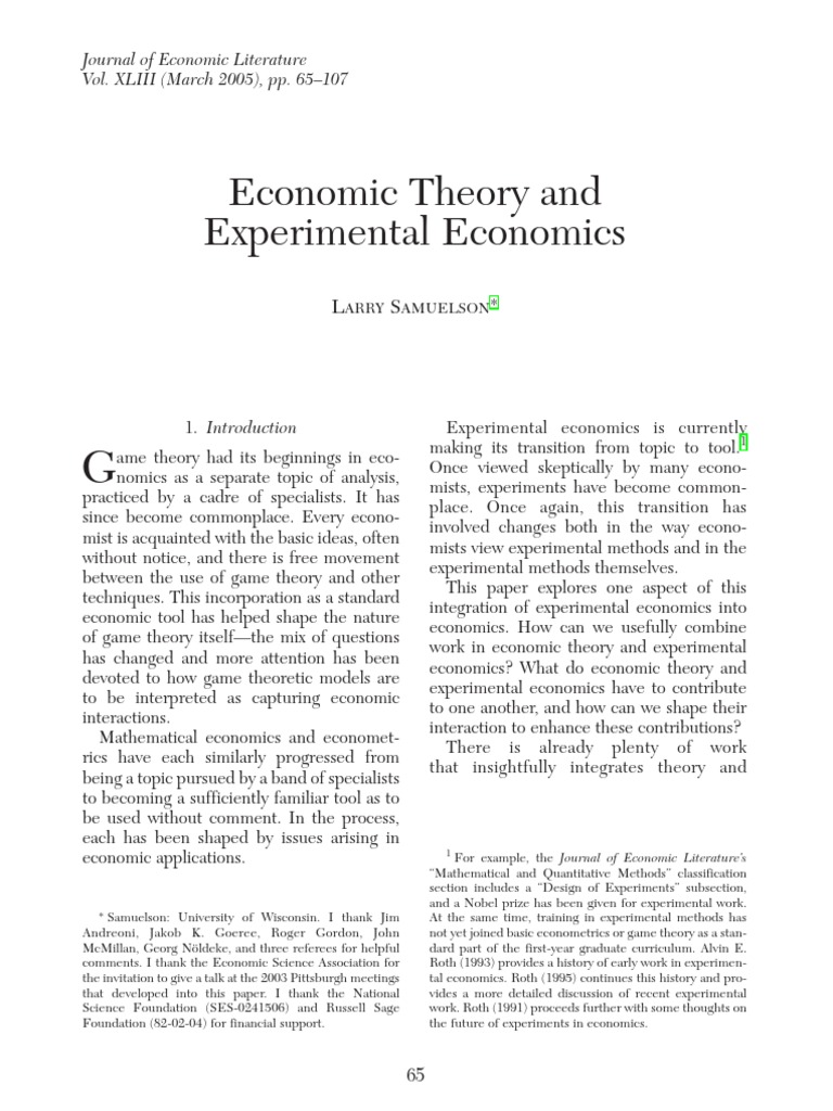 Economic Theory and Experimental Economics Journal of Economic Literature Vol. XLIII (March