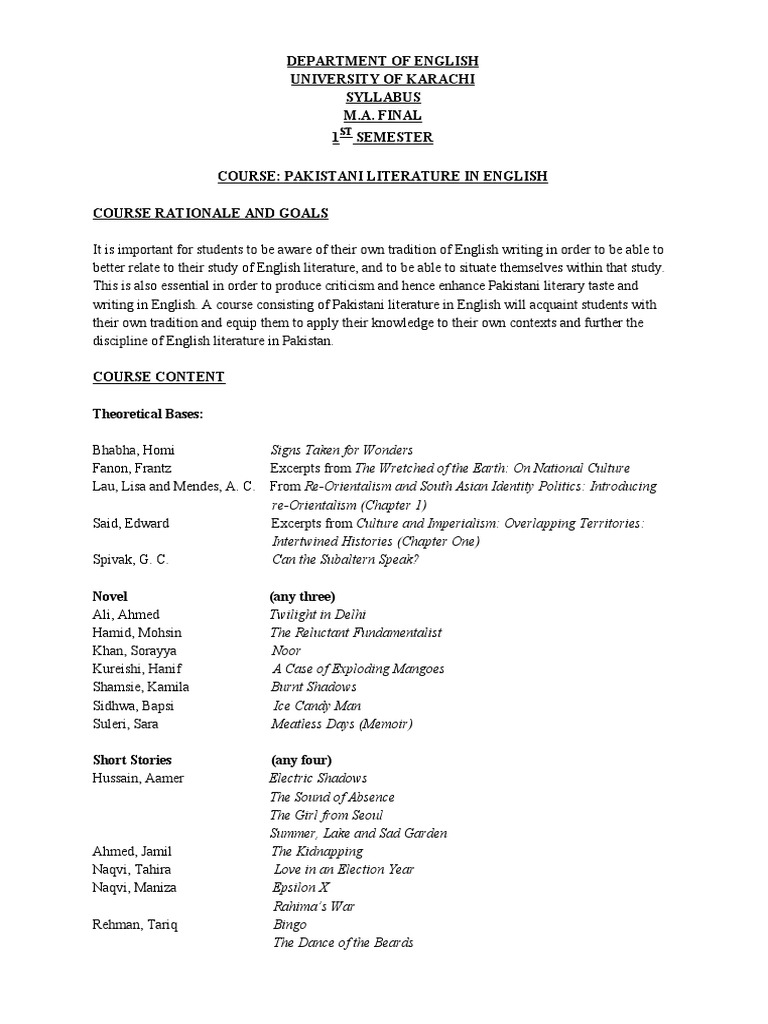 Course Outline For Pakistani English Literature - Moniba | PDF