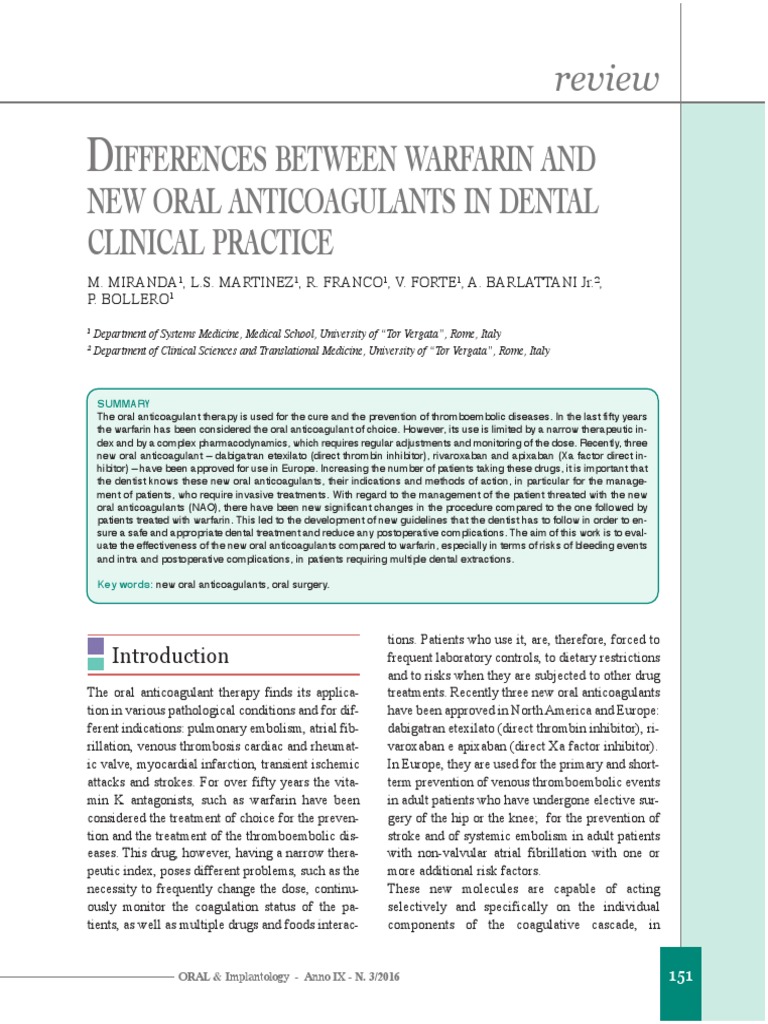Ifferences Between Warfarin and New Oral Anticoagulants in Dental ...
