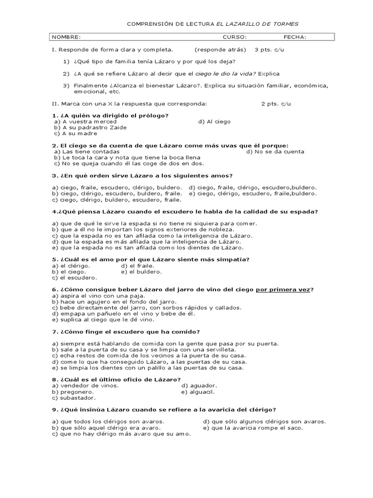 Preguntas sobre El Lazarillo de Tormes | PDF | Ocio