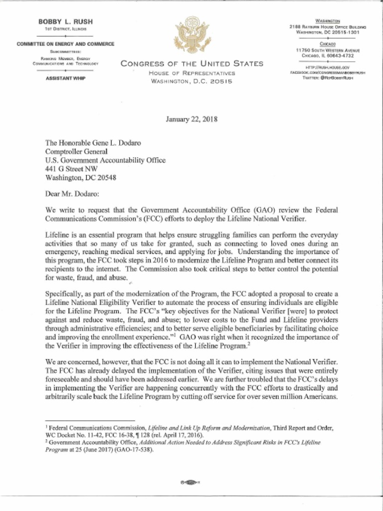 Rush and Colleagues Send Letter To GAO On Lifeline National Verifier | PDF