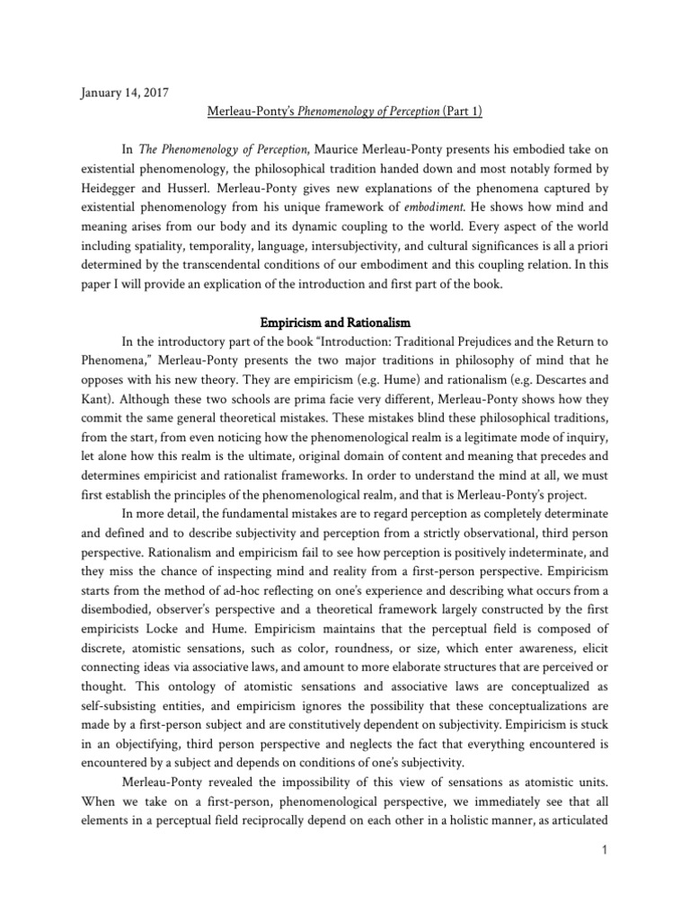 Summary Phenomenology of Perception | Phenomenology (Philosophy ...