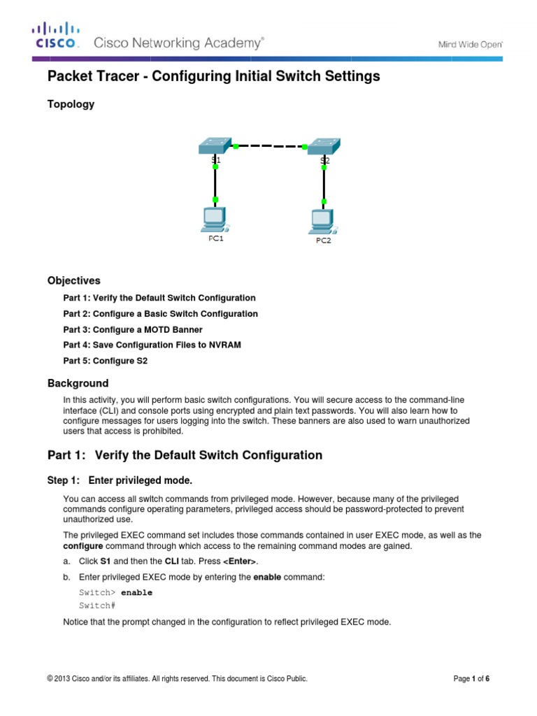 2.2.3.3 Packet Tracer - Configuring Initial Switch Settings ...