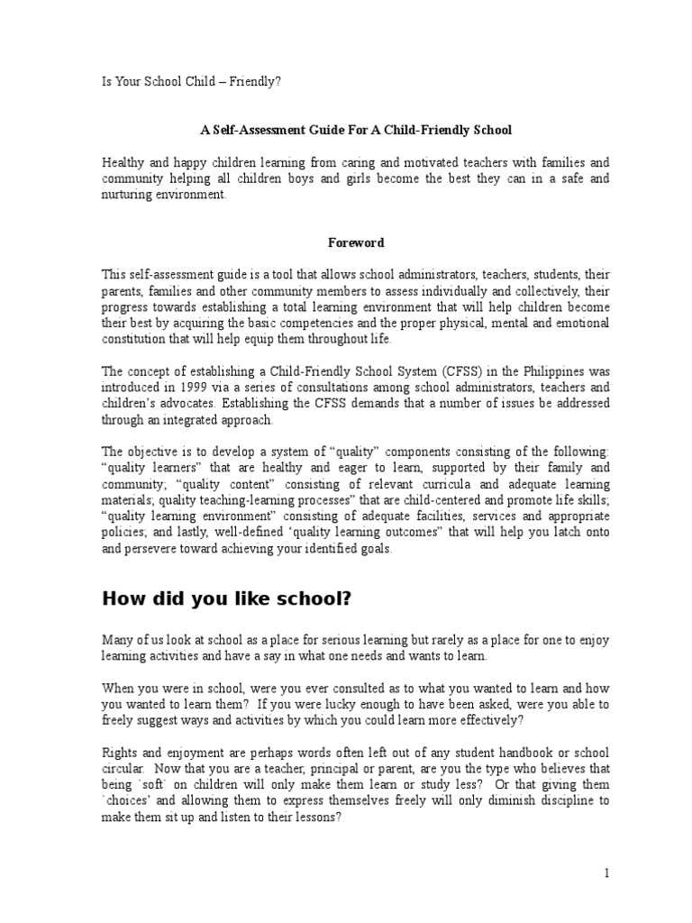 Child-Friendly School Assessment Guide | PDF | Teachers | Learning