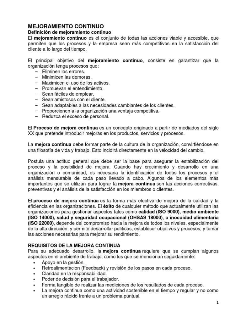 Definición y Proceso de Mejora Continua | PDF | Calidad (comercial ...