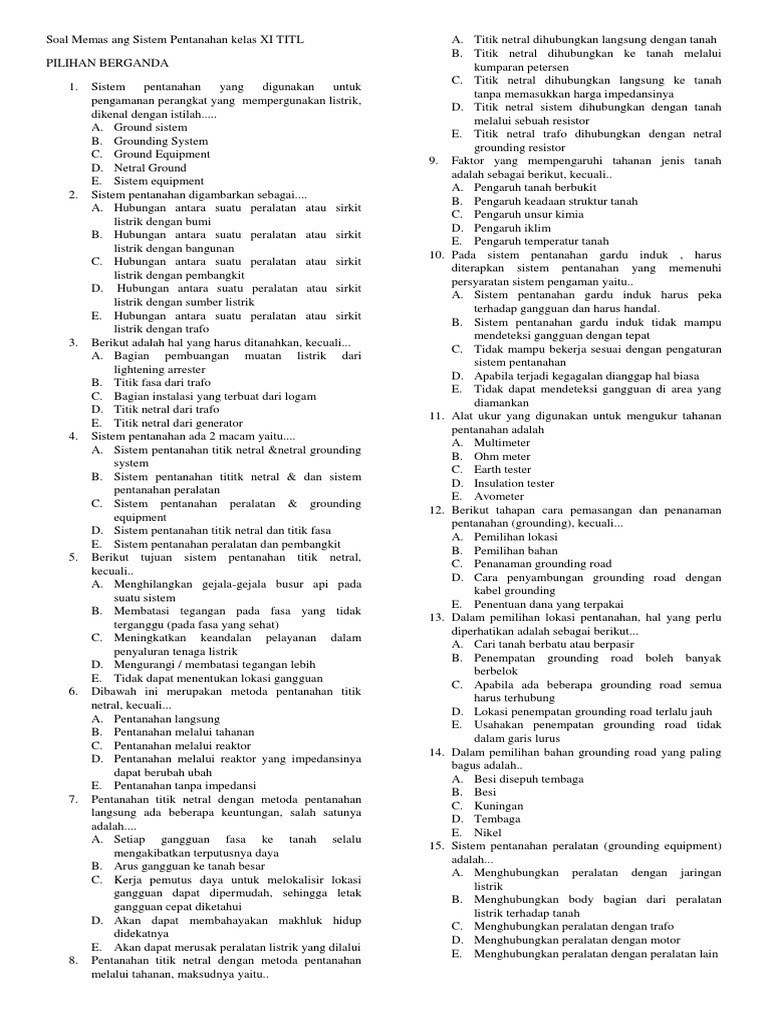 Soal Memasang Sistem Pentanahan Kelas Xi Titl