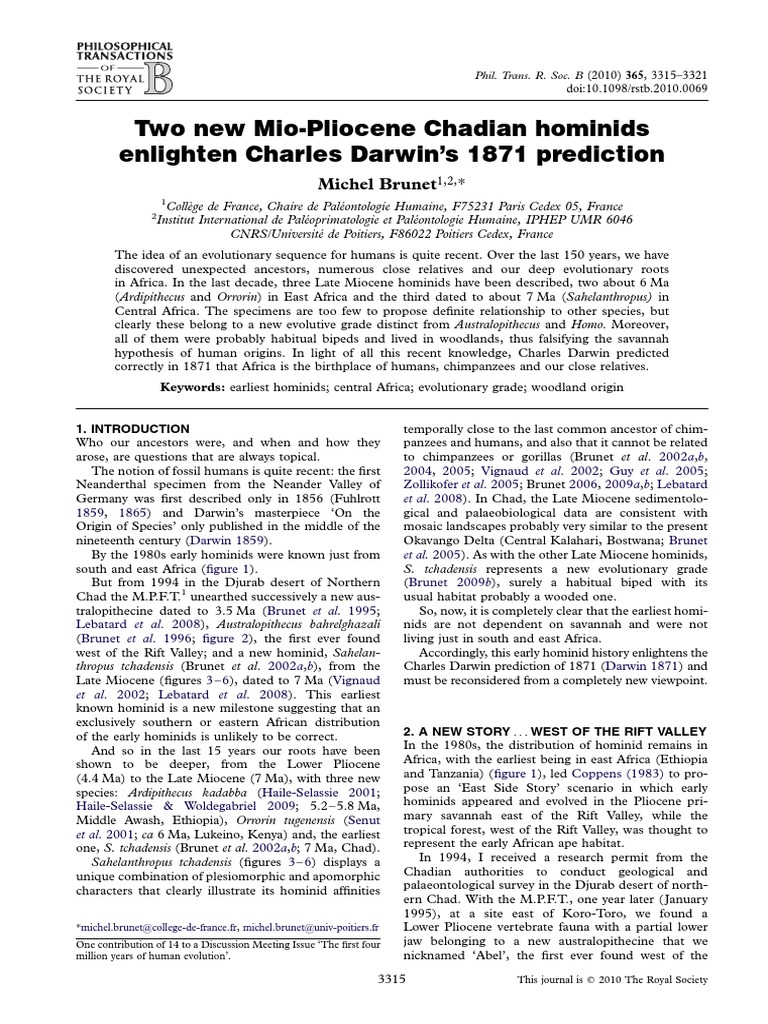Two New Mio-Pliocene Chadian Hominids | PDF | Hominidae | Human Evolution