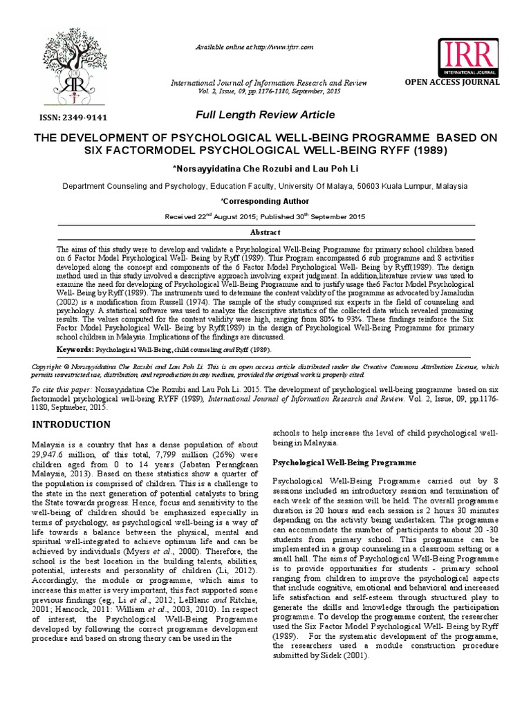 The Development Of Psychological Well Being Programme Based On Six 