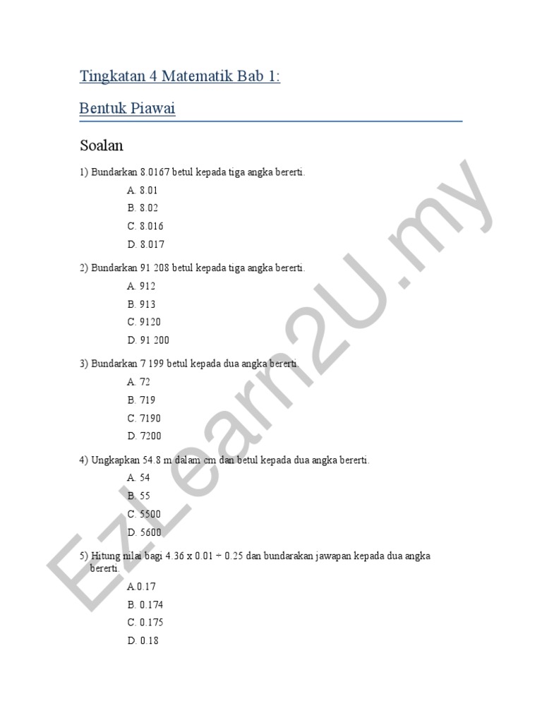 Soalan Tubic F4 Matematik Bab 1 Bentuk Piawai Pdf Pdf