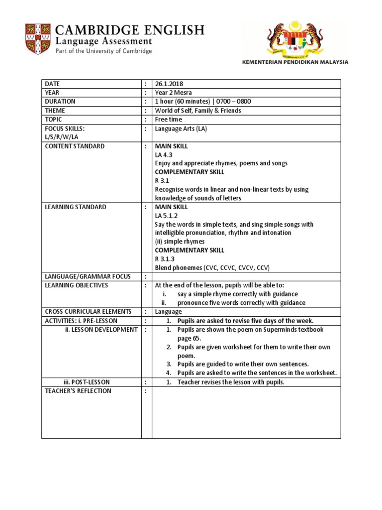 Cefr Lesson Plan 2018 Year 2 | PDF