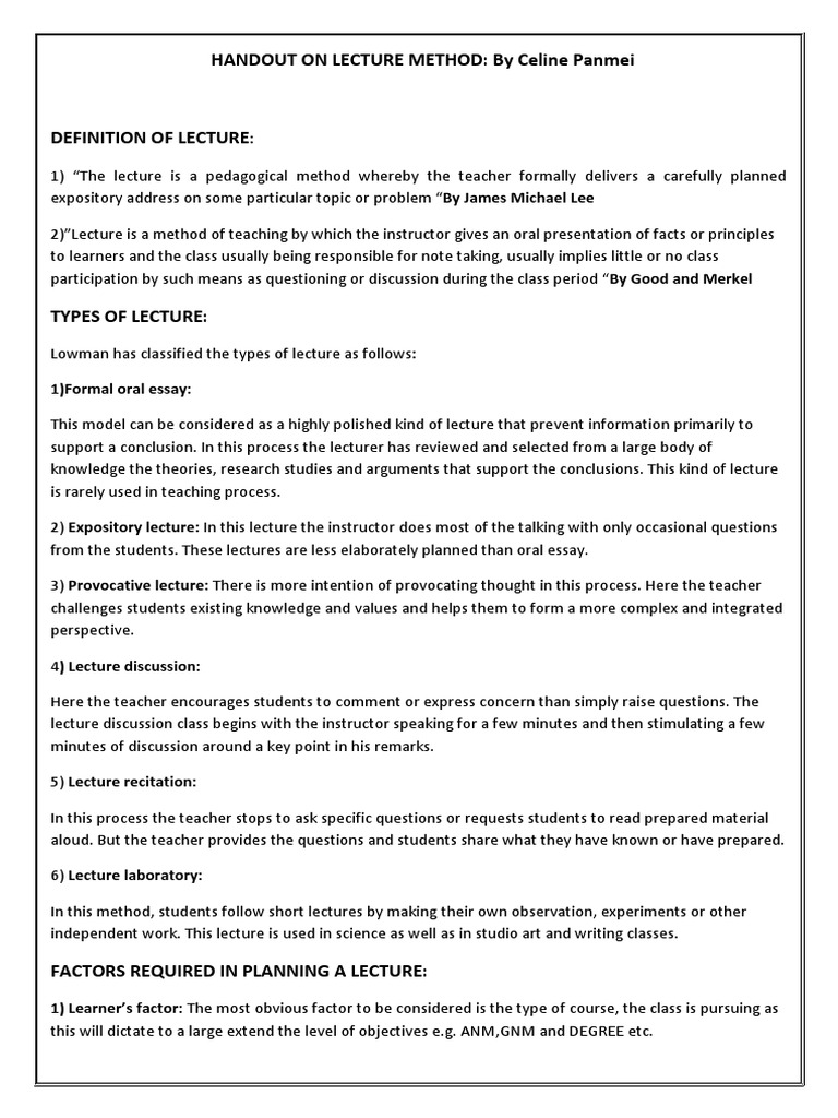Handout on Lecture | Lecture | Learning