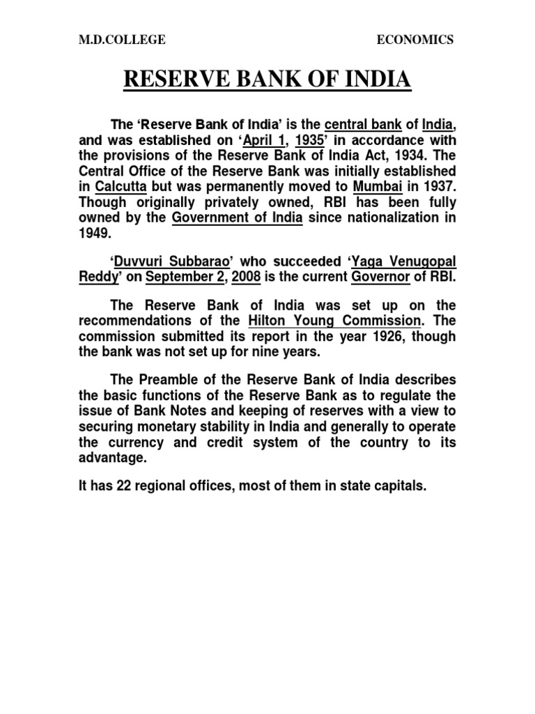 Reserve Bank of India: M.D.College Economics | PDF | Fiscal Policy ...