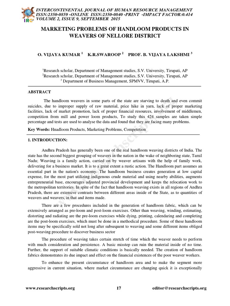 Marketing Problems of Handloom Products in Weavers of Nellore District