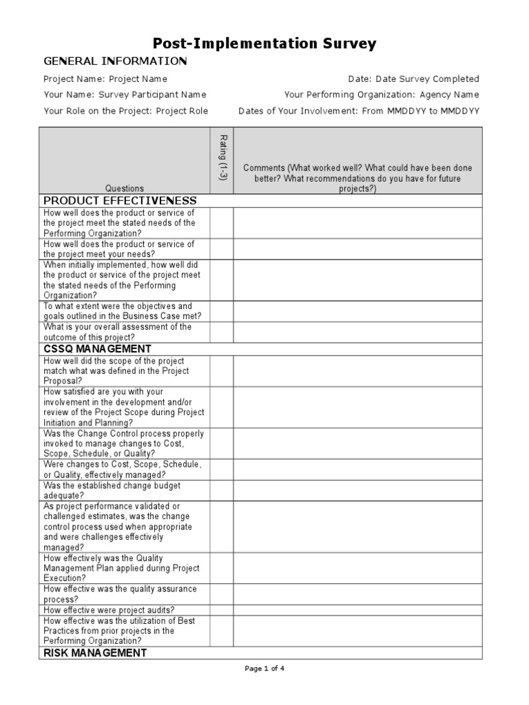 Post Implementation Survey Template | Change Management | Risk Management