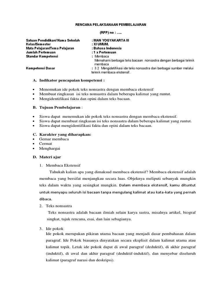 RPP Membaca Ekstensif Kelas 3 SD | PDF